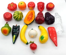 Paper Mache Set Of 17 Colorful Fruit And Vegetables W/Basket Made Mexico Vintage