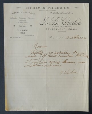 1932 BOURGANEUF Invoice Chalou Camembert Cheese Date Lemon Billhead 124