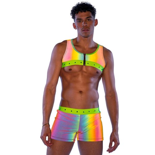 Pantalones Cortos Reflectantes Tachonados Cintura Elástica Multicolor Arco Iris Rave Dance 6536 - Imagen 4 de 8