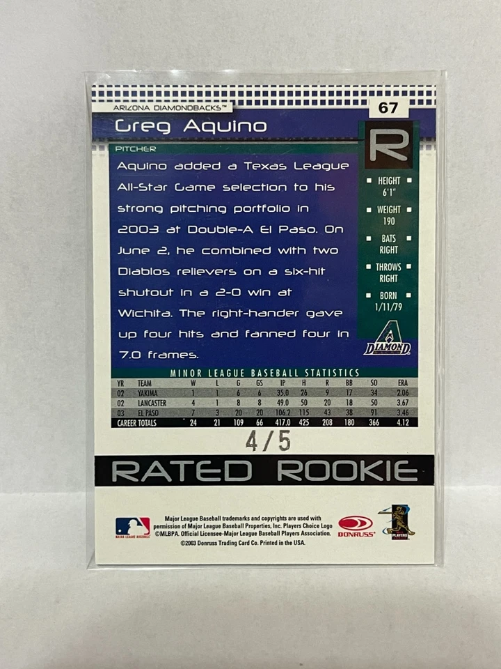 2004 Donruss "Orange County Collection" embossed - GREG AQUINO #'d/5 - Image 2 of 2