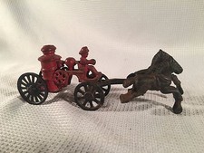 Vintage Cast Iron Horses Pulling Fire Pumper Wagon Toy