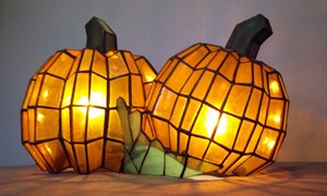 Rare Tiffany Style Stained Glass Double Pumpkin Table Lamp Fall
