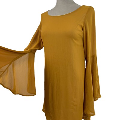 Mustard Yellow Dress Large Sheer Bell Sleeves Mod 60s 70s Style Boho Hippie  Sm