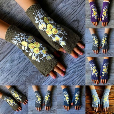 Handmade Embroidery Gloves Women Knit Gloves Flower Gloves Hand Knit Fingerless