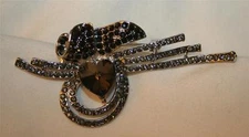 Striking Open Looped Furled Top Heart Centered Smoky Rhinestone Brooch Pin