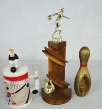 BOWLING vintage trophy ball bank ornament cup mug porcelain wood ashtray 1950 