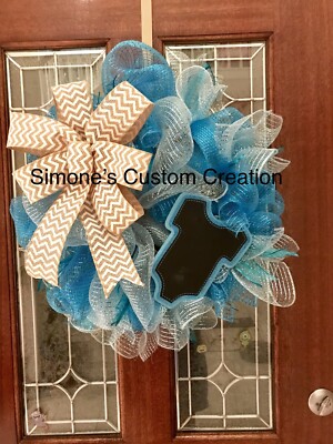 Deco mesh wreath boy baby shower blue infant newborn gift