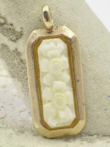 Authentic Vintage NEW OLD STOCK Gold Plated Carved White Coral Small Framed Pendant