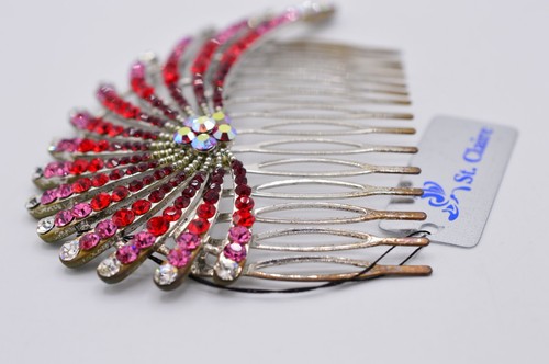 St. Clair Red Rhinestone Crystal Hair Pin Comb Aurora Borealis Pink - Picture 9 of 12