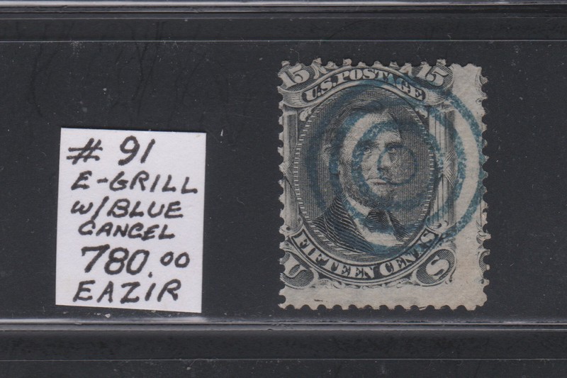 #91 US Classic Stamp: w/rare almost full blue cancel...High CV $780.00 low start