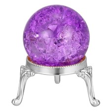 Crystal Ball 40mm, Ice Cracked Glass Ball with Metal Stand, Purple/Silver