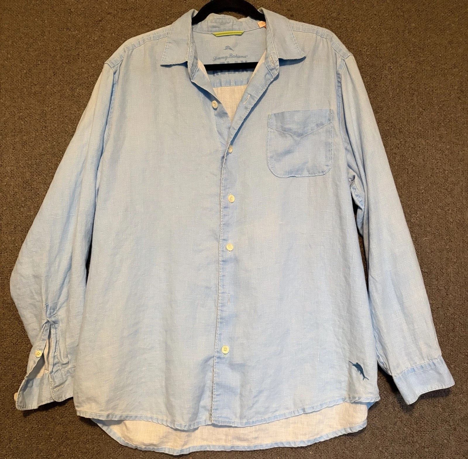 Tommy Bahama Relax Solid Button-Up Shirt Light Blue 100% Linen Long Sleeve Men L