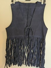 Vintage 1970 Navy Blue Suede Fringe Vest Hippie Women's Medium Boho Handmade