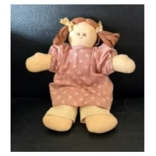 Vintage Handmade Rag Doll Plush Brown Pigtails Pink Dress Folk Art Collectible