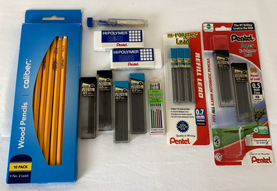 Lot of 11 Pcs Pentel Hi-Polymer Super Lead Refills Wooden Pencils Erasers