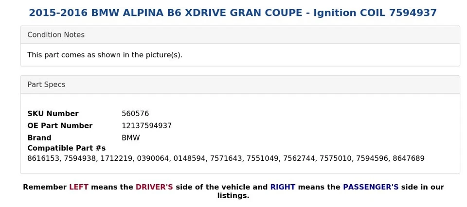 BMW ALPINA B6 XDRIVE 2015-2016 gran cupé - bobina de encendido 7594937 Foto 4 de 4
