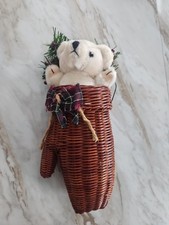 Wicker Rattan Woven Mitten Hanging Basket With Bear Holiday Decor Country
