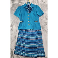 Vintage Leslie Fay Skirt Set Womens 12 Blue Short Sleeve Blazer Striped Pleated