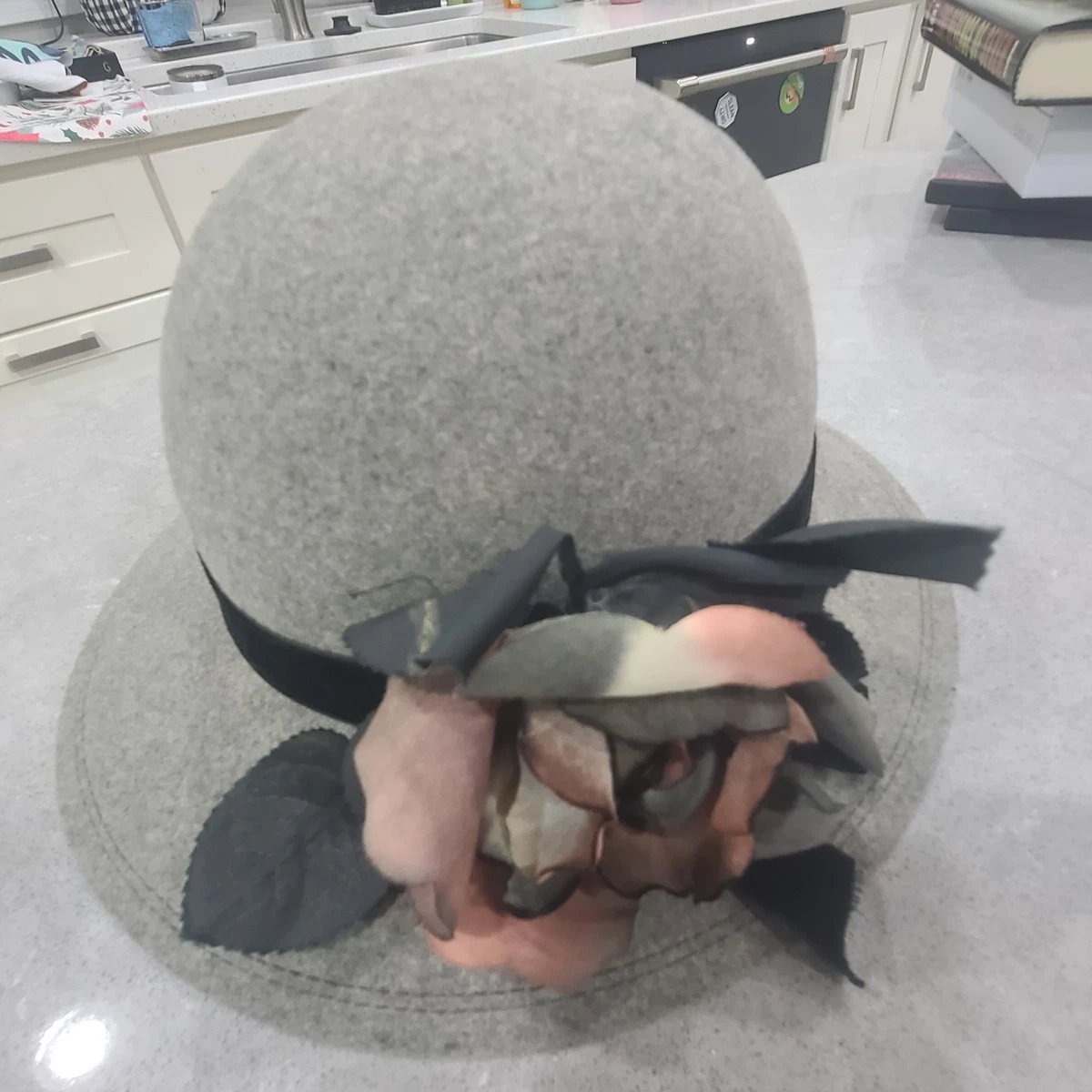 Retro Roaring 20s Gray Bowler Hat Faux Fur Black Bow Accent 57 CM Womens Flapper il_fullxfull.7342670148_fowz.jpg main image 3