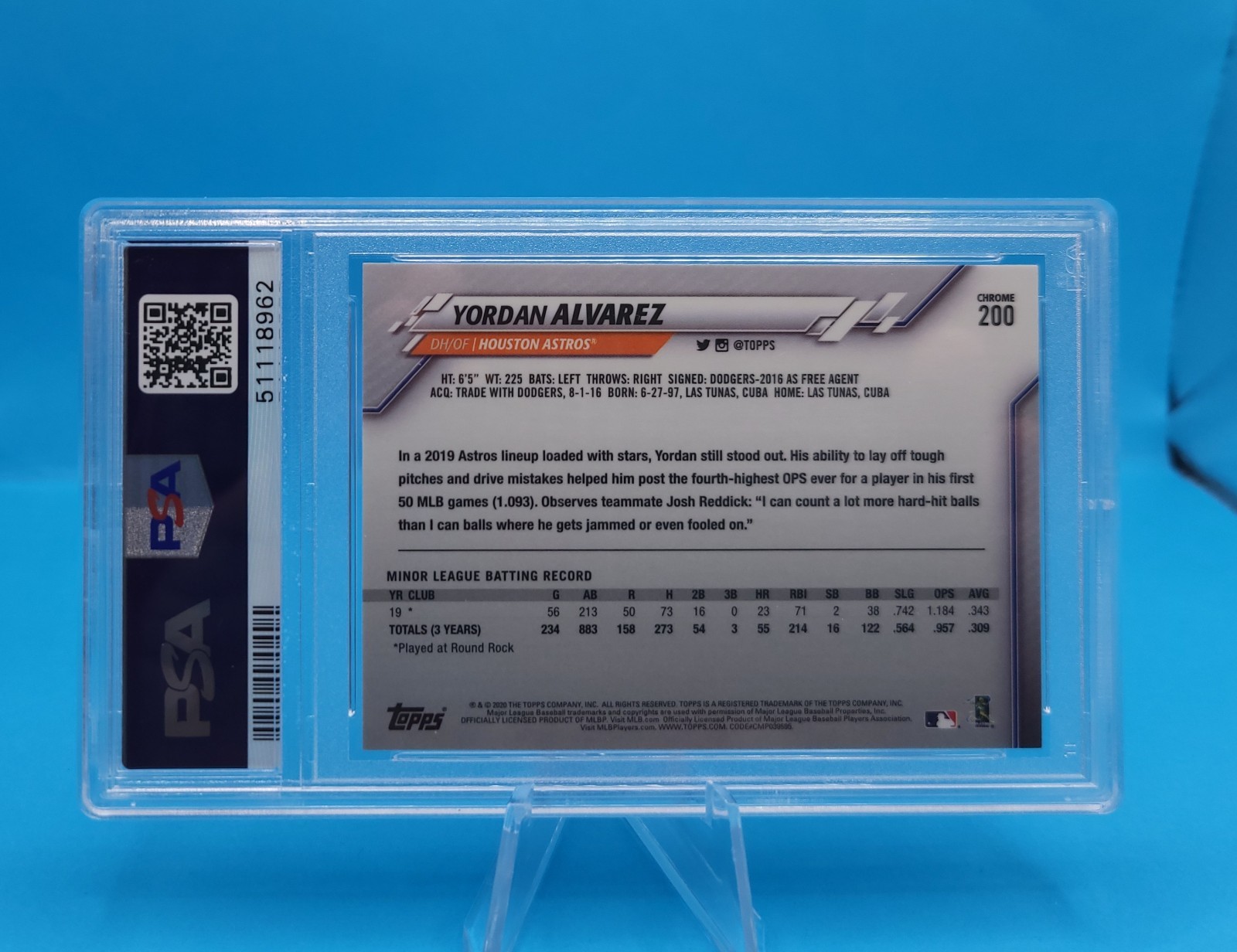2020 Topps Chrome Yordan Alvarez ROOKIE #200 PSA 10 GEM MINT view 3