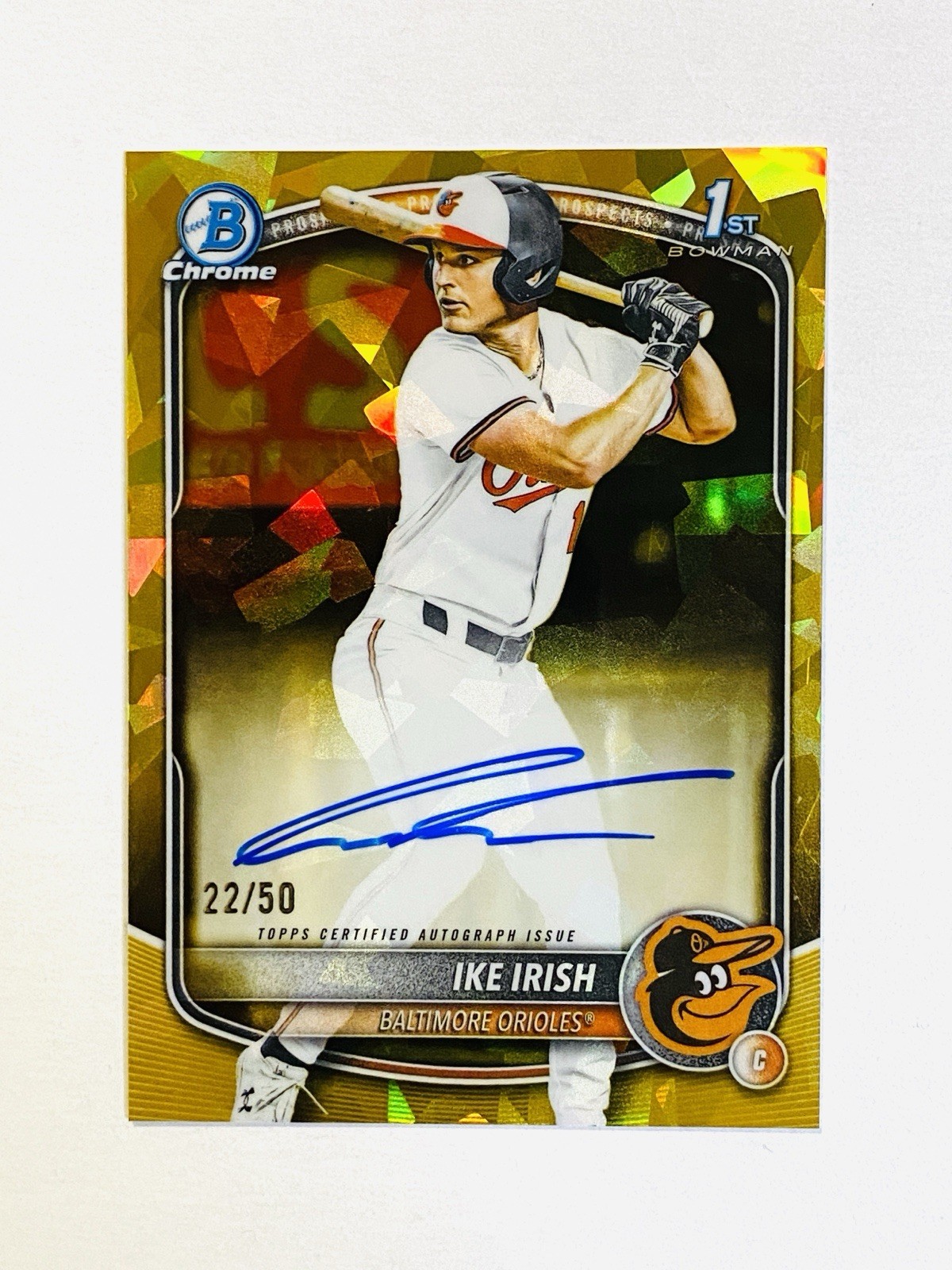 2025 BOWMAN DRAFT SAPPHIRE IKE IRISH PROSPECT 1ST GOLD AUTO 22/50 ORIOLES