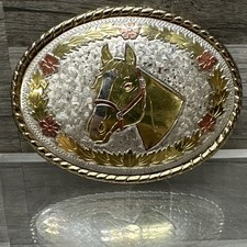 Vtg Horses Engraved Silver Gold Toned Belt Buckle Western Wear "W" Made in USA