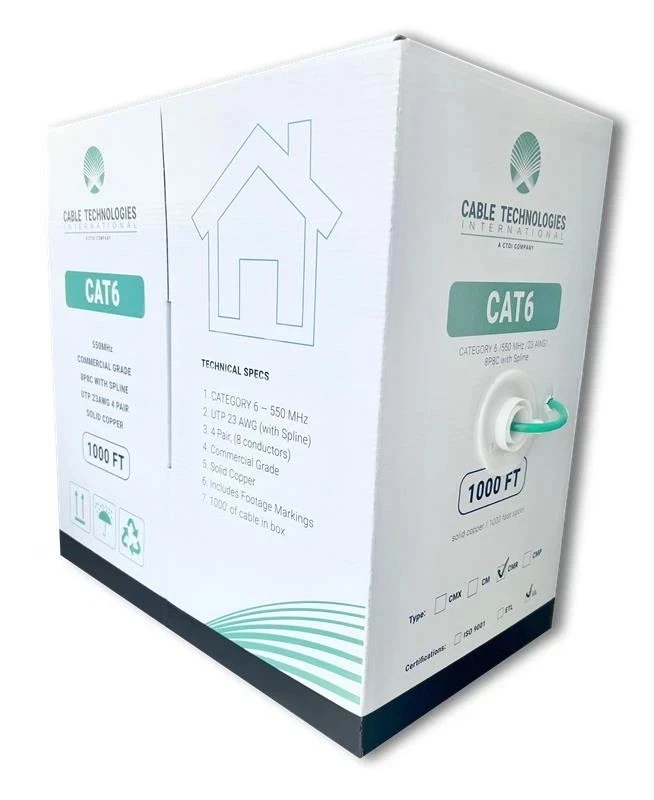 Cable Technologies CAT6 1000ft EthernetCable CMR UTP-23AWG  Solid Copper  550MHz