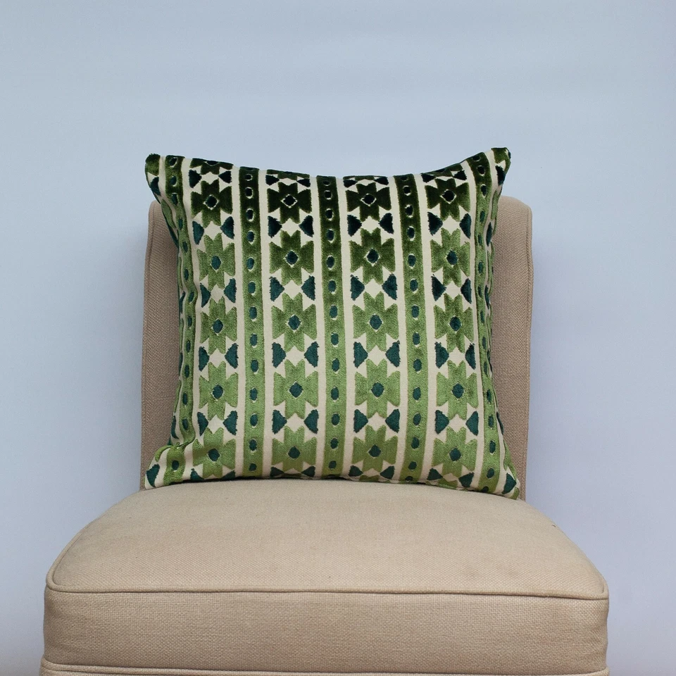 Kashan Geometric Cut Velvet Cushion. Emerald Green Triangles. 17x17" Square - Image 2 of 4