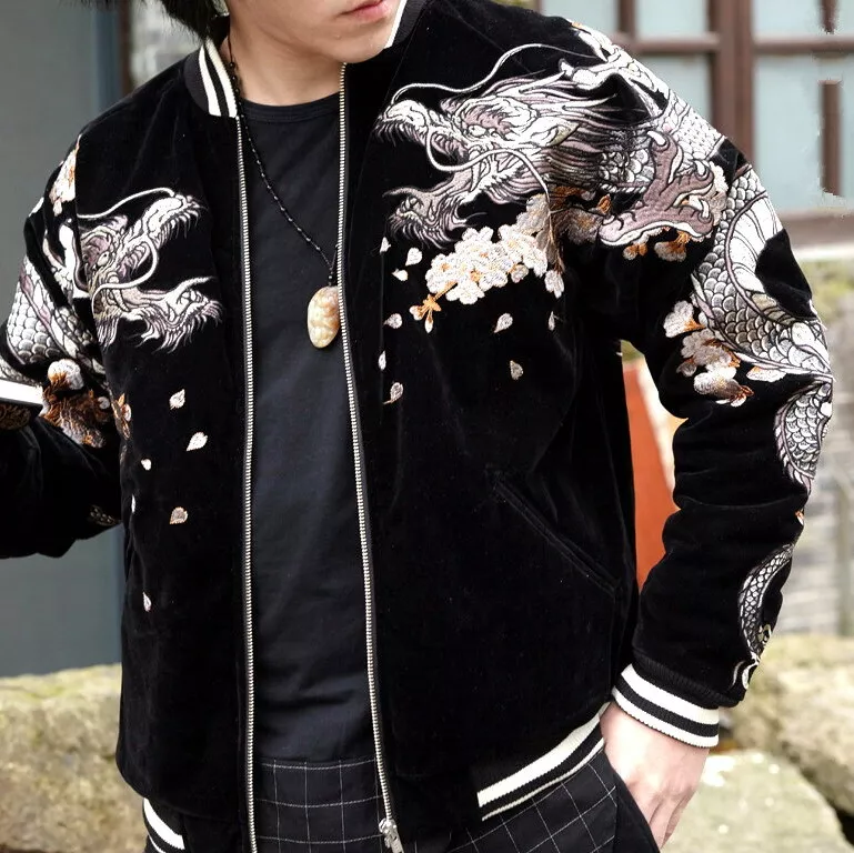 Mens Souvenir Quilted Jacket Japanese Pattern Embroidery Sukajan