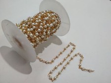 10 Feet Pearl Round Smooth 3-4mm Beads, Rosary Beaded Chain Gold Plated Wire