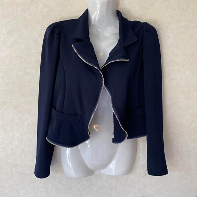 Women's Zipper Down Blazer Collared Long Sleeve, Color Navy Blue, Size Medium