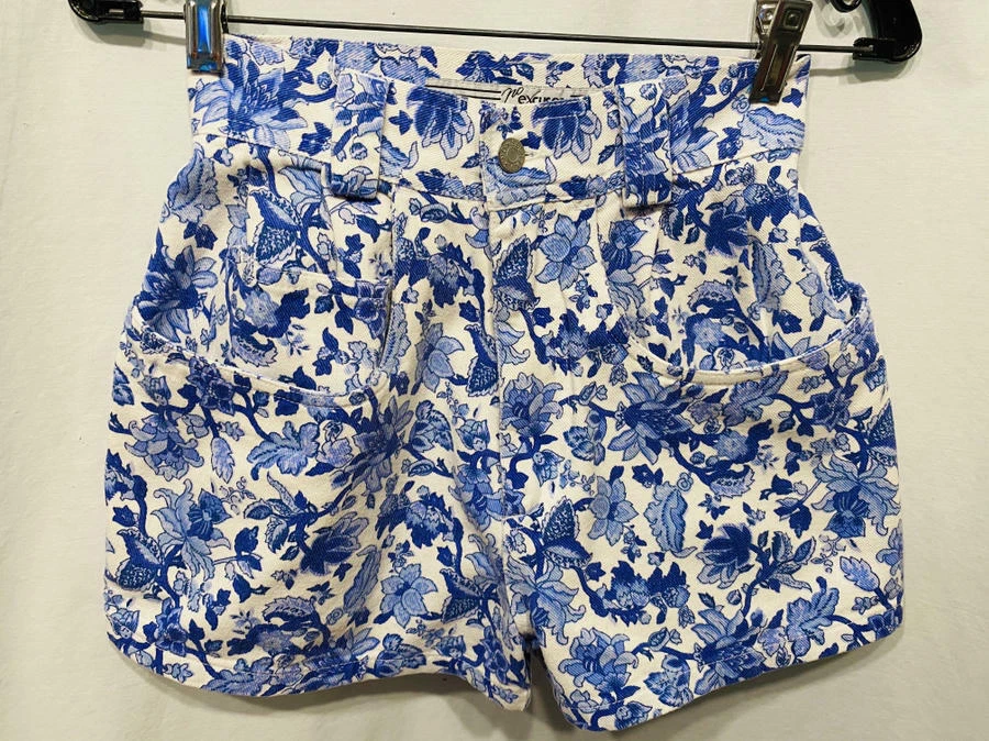 Pantalones Cortos Vaqueros De Colección Años 80 Denim SIN EXCUSAS Cintura Alta Azul Blanco Flores Plisados XS S Foto 2 de 4