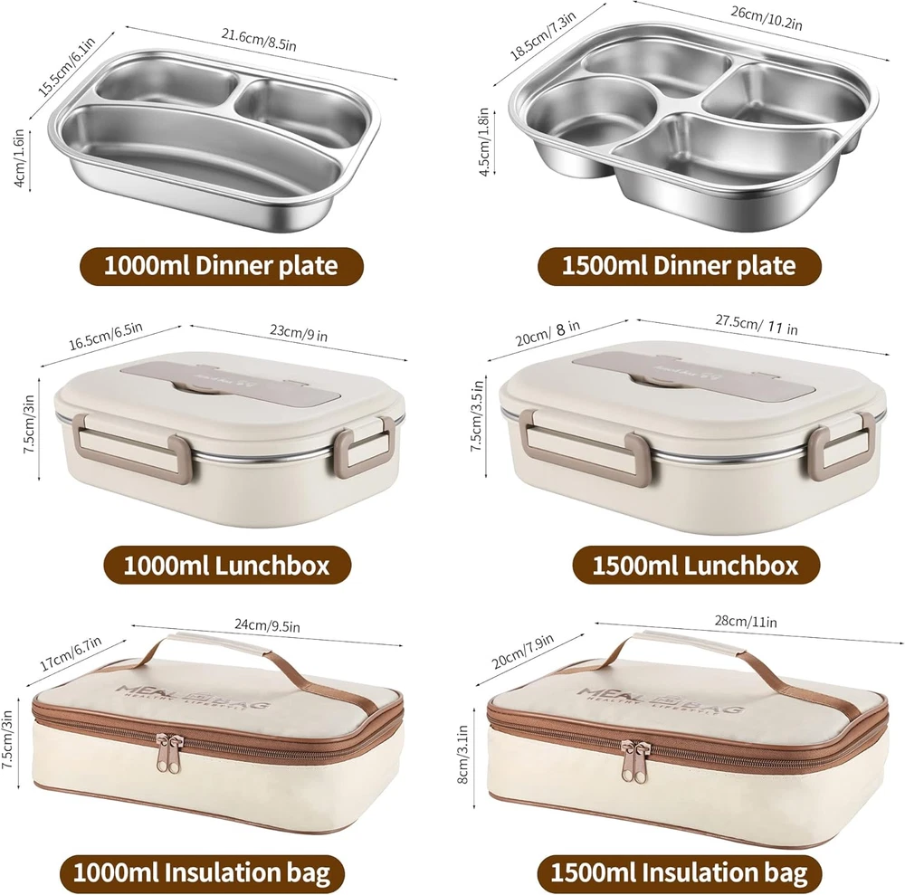 1000ml Stainless Steel 3-Compartment Bento Lunch Box Portable Versatile