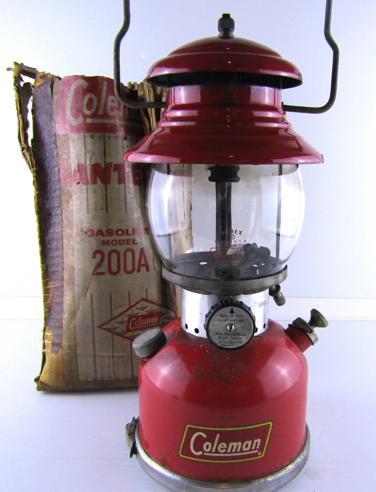 Vintage Coleman 200A Model Kerosene Lantern, Red Porcelain, Pyrex Globe