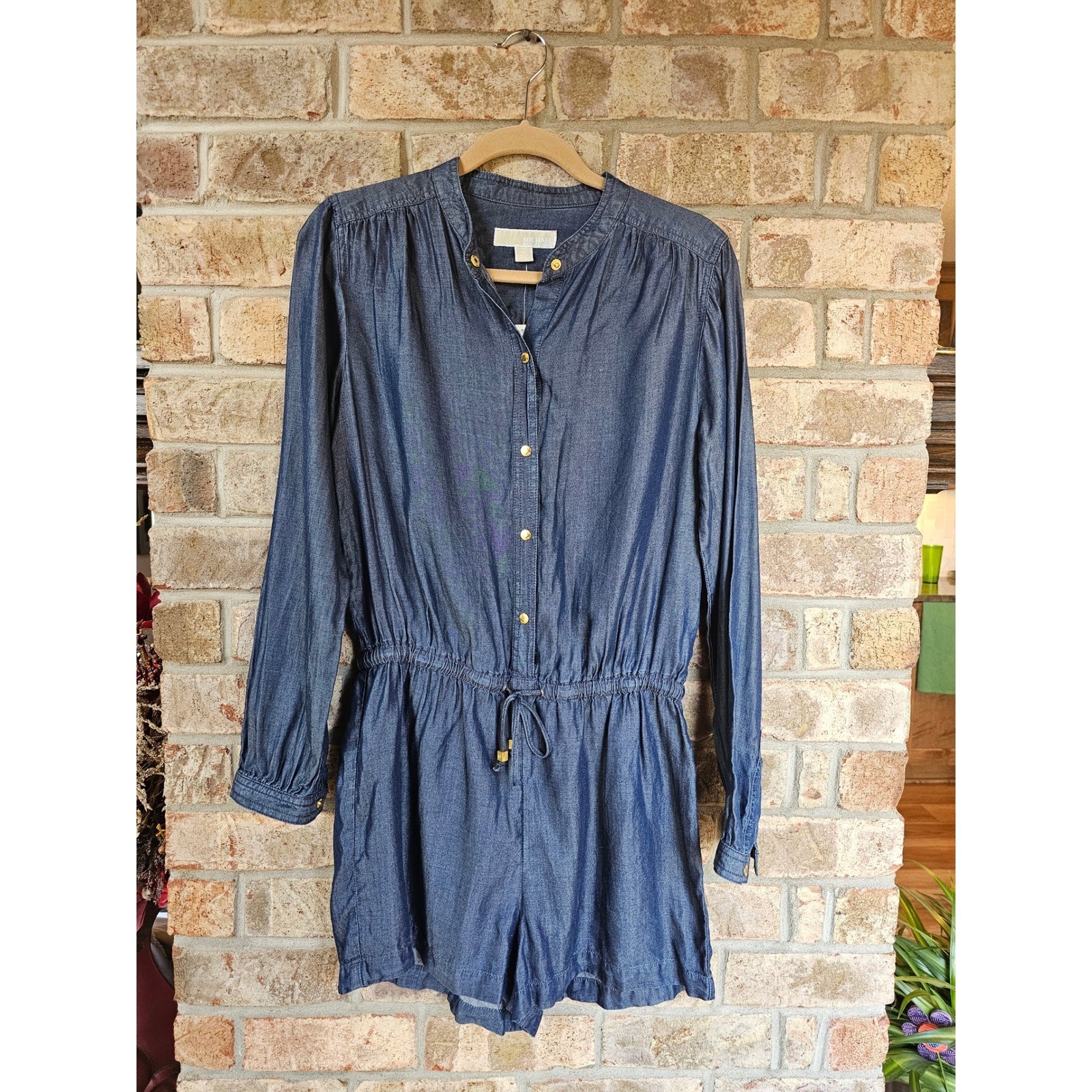 MICHAEL Michael Kors Chambray Denim Utility Romper Jumpsuit Button Up Drawstring