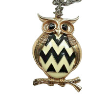 Owl Pendant Gold Tone Enamel Necklace 32" Chain Black Rhinestone Eyes