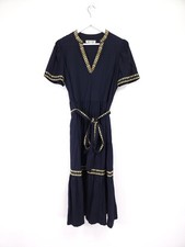 Boden Dress Size 16 Navy Blue Embroidered Floral Maxi Belted Linen Tiered