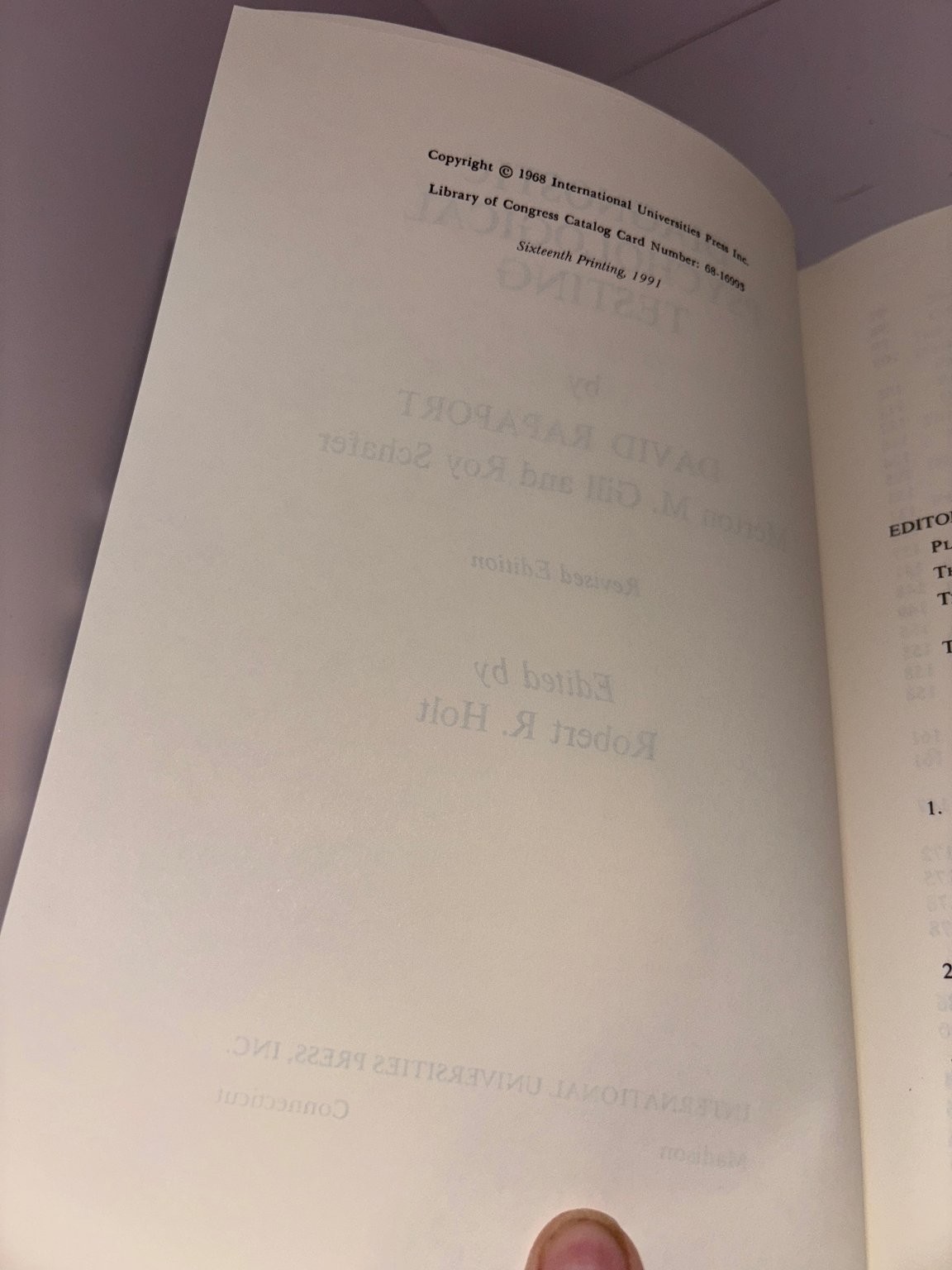 Diagnostic Psychological Testing Rapaport Gill Schafer 1991 Revised Edition IUP