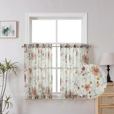 Crushed Sheer Curtains Kitchen Tiers 36 Inch Length 2 Panels, Printed Design Sma