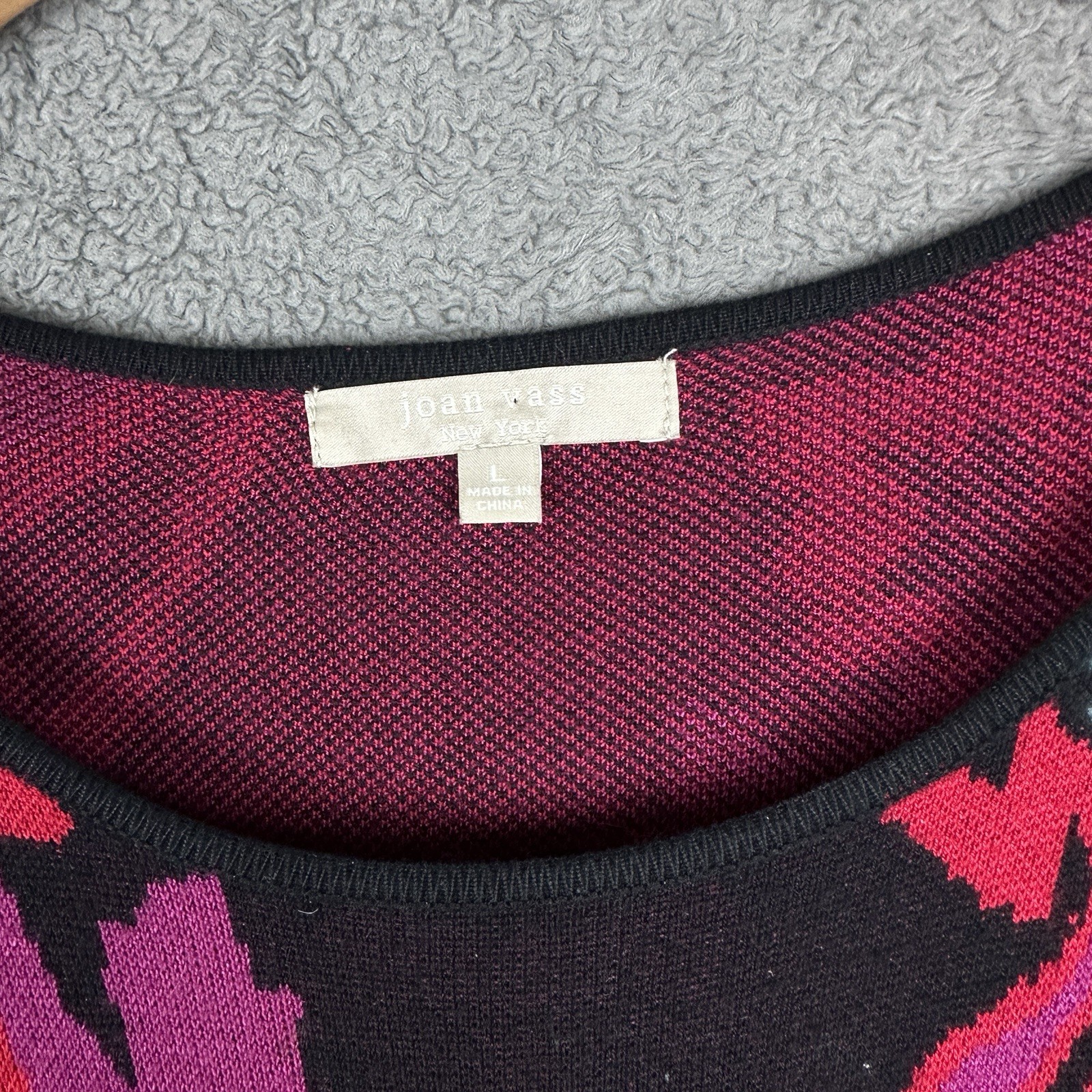 Joan Vass Rayon Knit Tunic Sweater Large Black Pink Floral Asymmetrical EUC