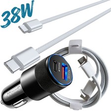 Dual USB Type C Cable PD QC 38W Fast Car Charger For iPhone 15 16 17 Air/Samsung
