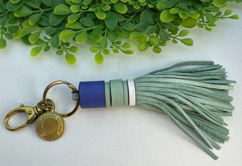 Coach Leather Tassel Bag Charm Key Chain Teal Blue NWOT 7.5" Goldtone