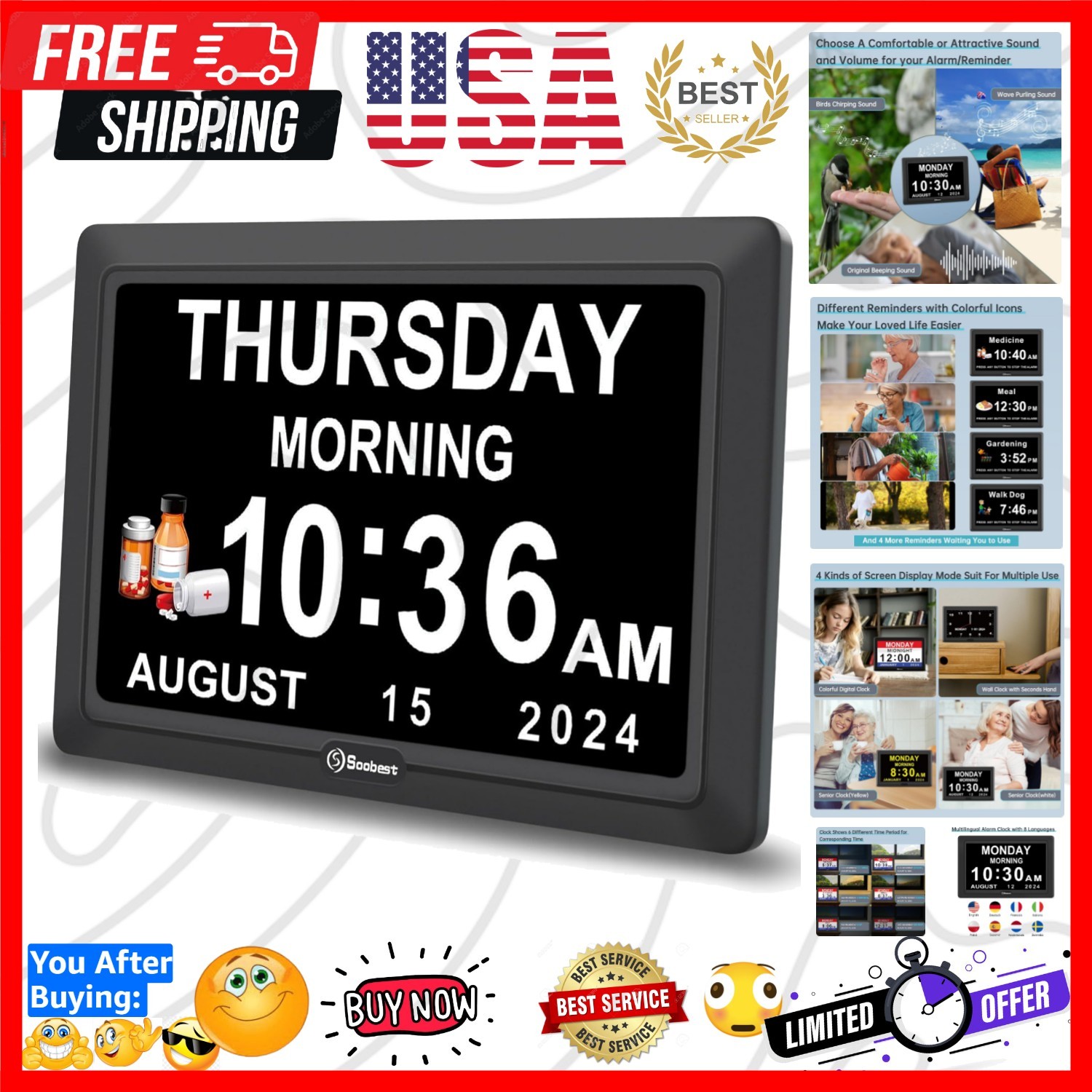 Large 7" Dementia-Friendly Clock for Seniors - 20 Custom Alarms & Sounds