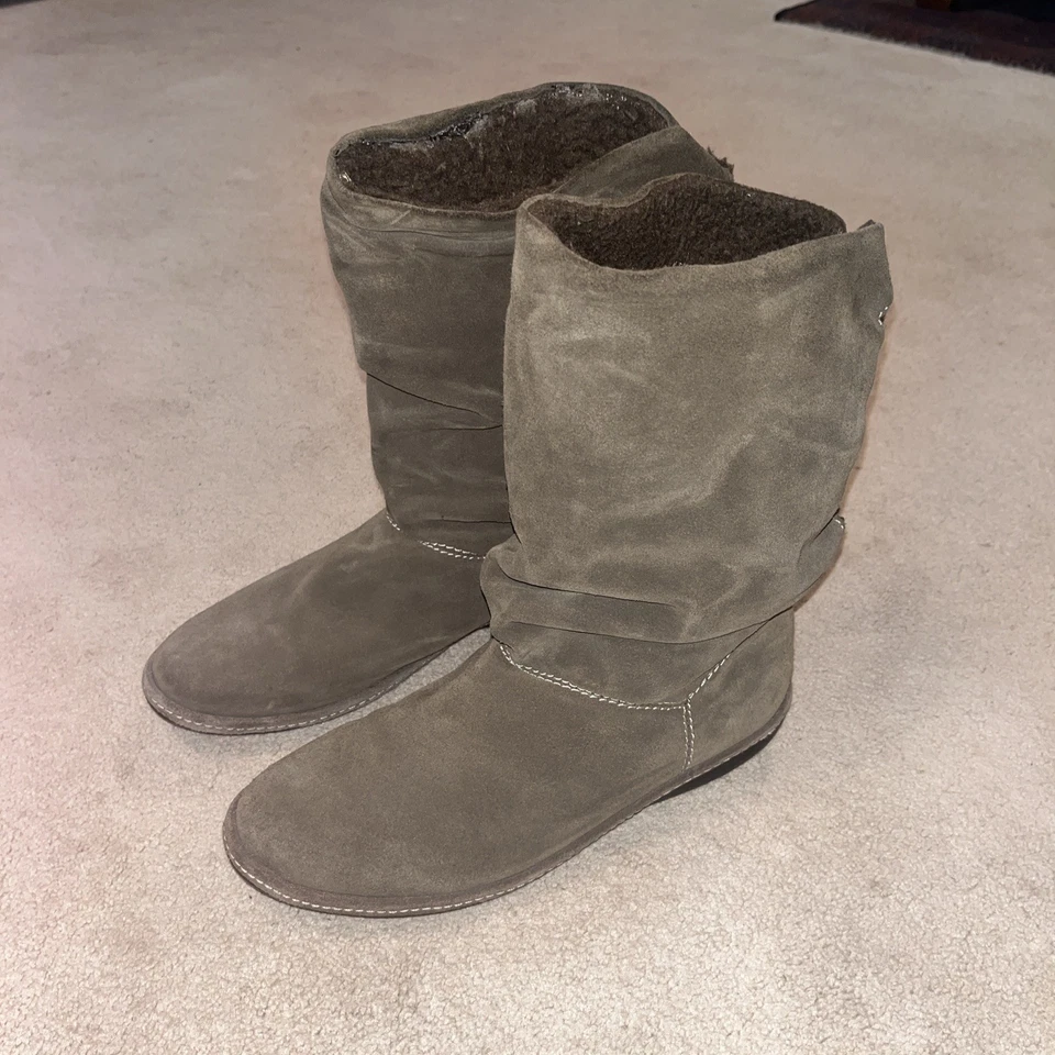 Lands End Boots Womens 8.5 Suede Brown Faux Fur Lined Mid Calf Slip On Winter - Image 2 of 4