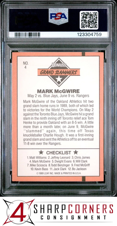 1990 DONRUSS #4 MARK McGWIRE ATHLETICS GRAND SLAMMERS PSA 10 - Image 2 of 3