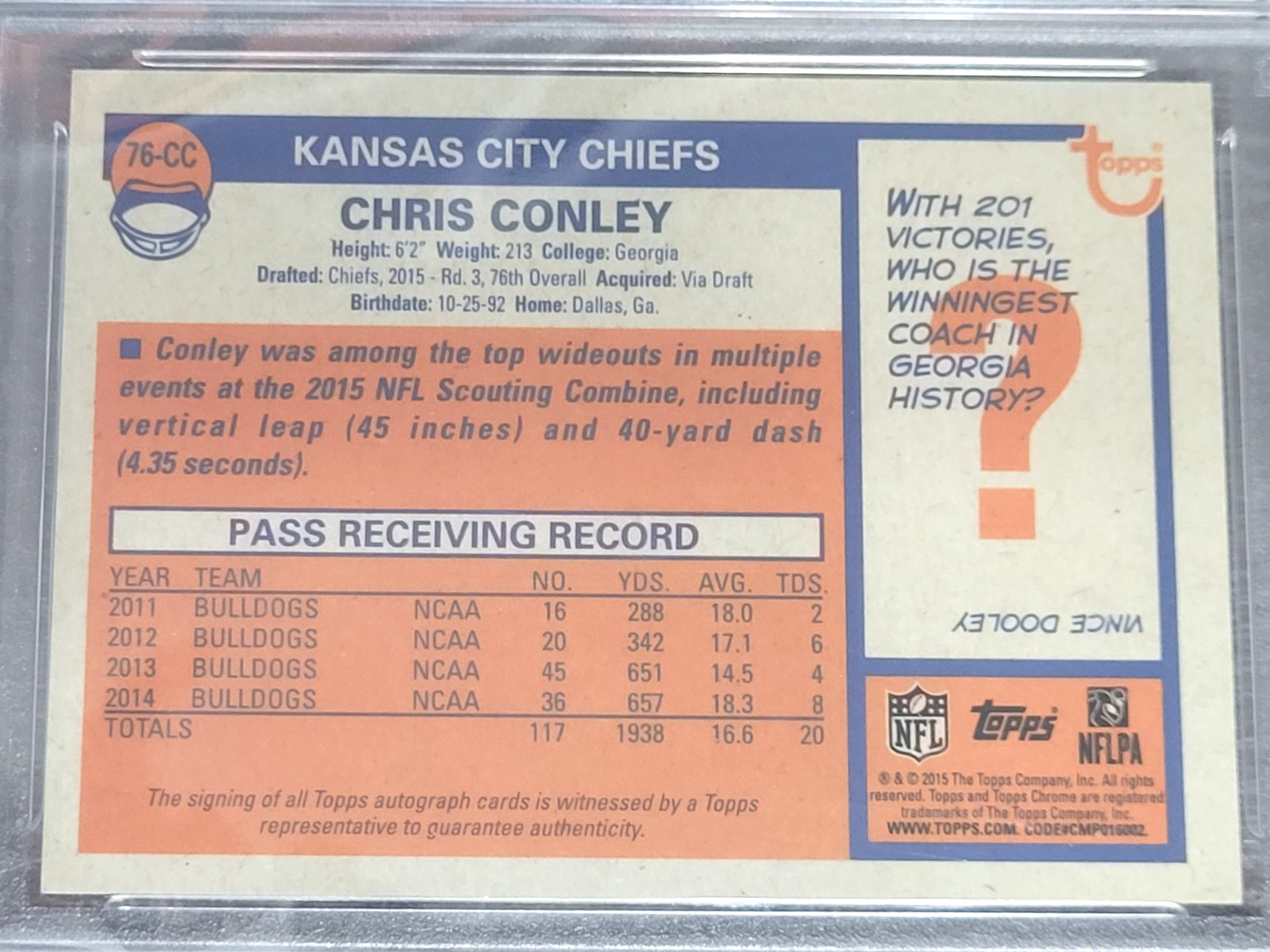 2015 Topps Chrome 1976 Topps Design Chris Conley #76-CC Rookie Auto PSA 9 RC /25 view 7