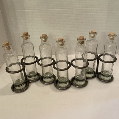 Modern 7 Vase Array Thick Clear Glass Vials With Cork Stoppers &  Metal Stand.