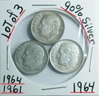 Lot of 3 Roosevelt Dimes- 2-1964 With Full Band 1961-D 90% Silver VG Condition @