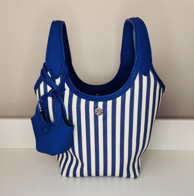 Luxury Blue Leather ''Vegetable Basket'' Bucket Bag Striped Canvas Tote Set 3pc