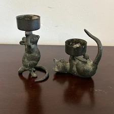 Vintage Cast Iron Cat , Mouse Candle Holder Candlestick